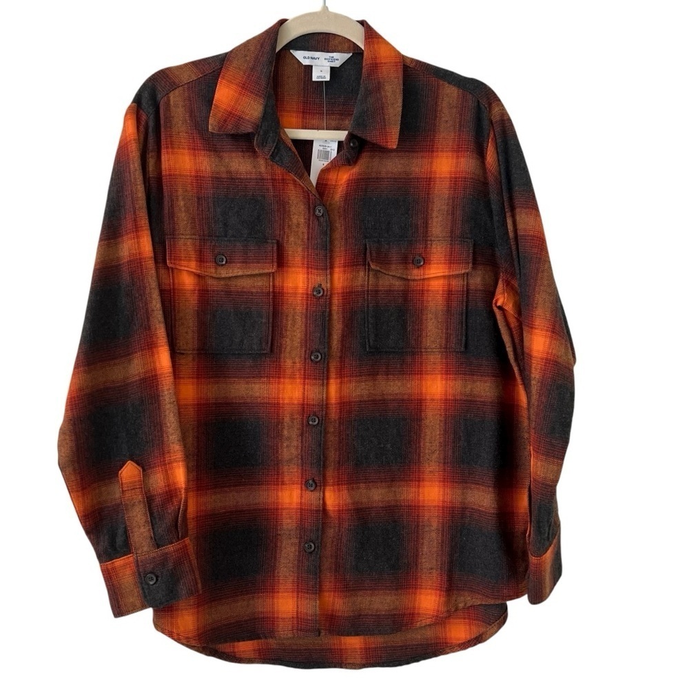 Old Navy Taylor Swift Evermore Flannel Plaid Boyfriend Shirt Orange Gray S NWT